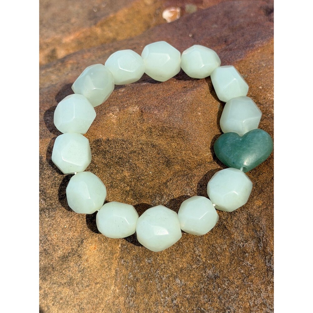 Organic Faceted Jade Beads with Green Jade Heart Bracelet 14mm Beads unique gift